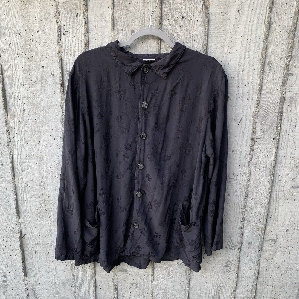CP Shades Women Embroidered Floral Button Down Shirt Black Lagenlook Bohemian M
